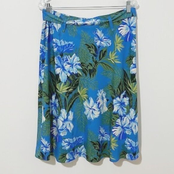 Kahala Hawaiian A-Line Skirt Blue Floral w/ Tie Belt - Picture 4 of 5